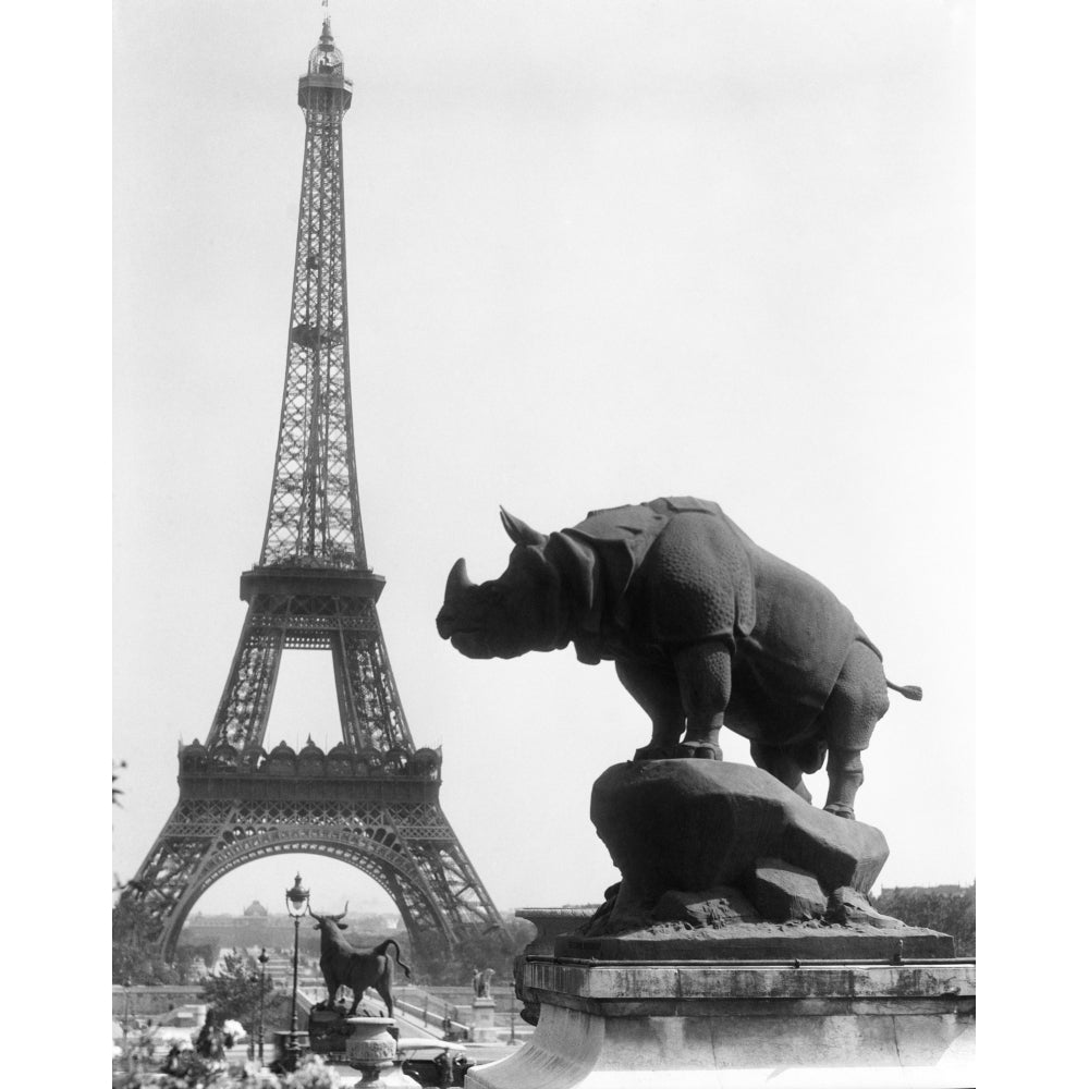 1920s Rhinoceros Statue In Foreground Eiffel Tower In Background Paris France Print By Vintage Collection Image 1