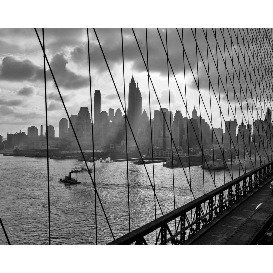 1940s-1950s Downtown Skyline Manhattan Seen Through Cables Of Brooklyn Bridge Tug Boat In East River Nyc Ny Usa Print By Image 1