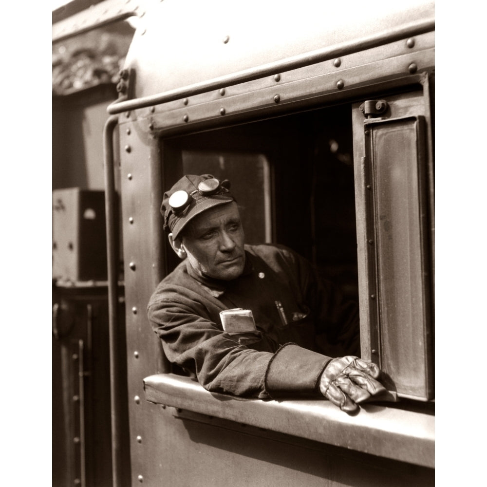 1920s-1930s-1940s Railroad Train Engineer Looking Out Window Of Locomotive Cab Driving The Steam Engine Print By Vintage Image 1