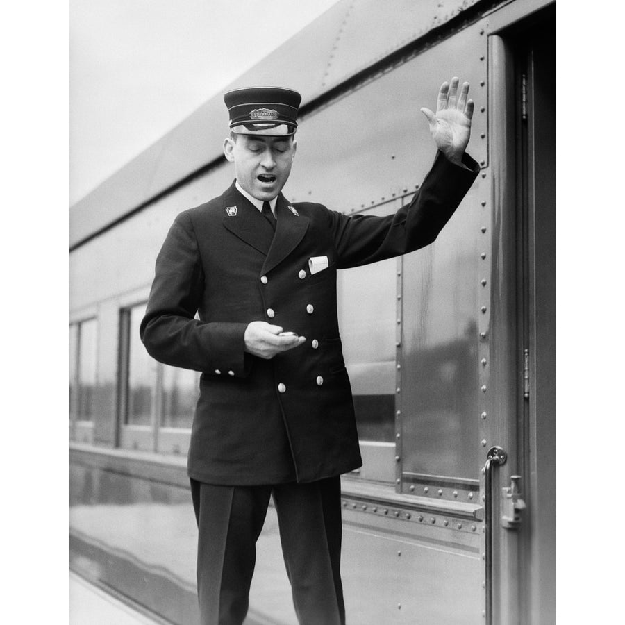 1930s Conductor Making Final Boarding Call Outside Train Poster Print By Vintage Collection Image 1