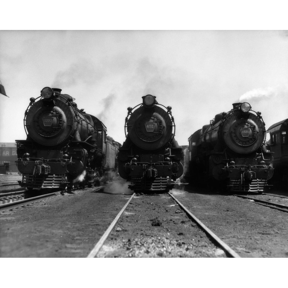 1930s Head-On Shot Of Three Steam Engine Train Locomotives On Tracks Poster Print By Vintage Collection Image 1