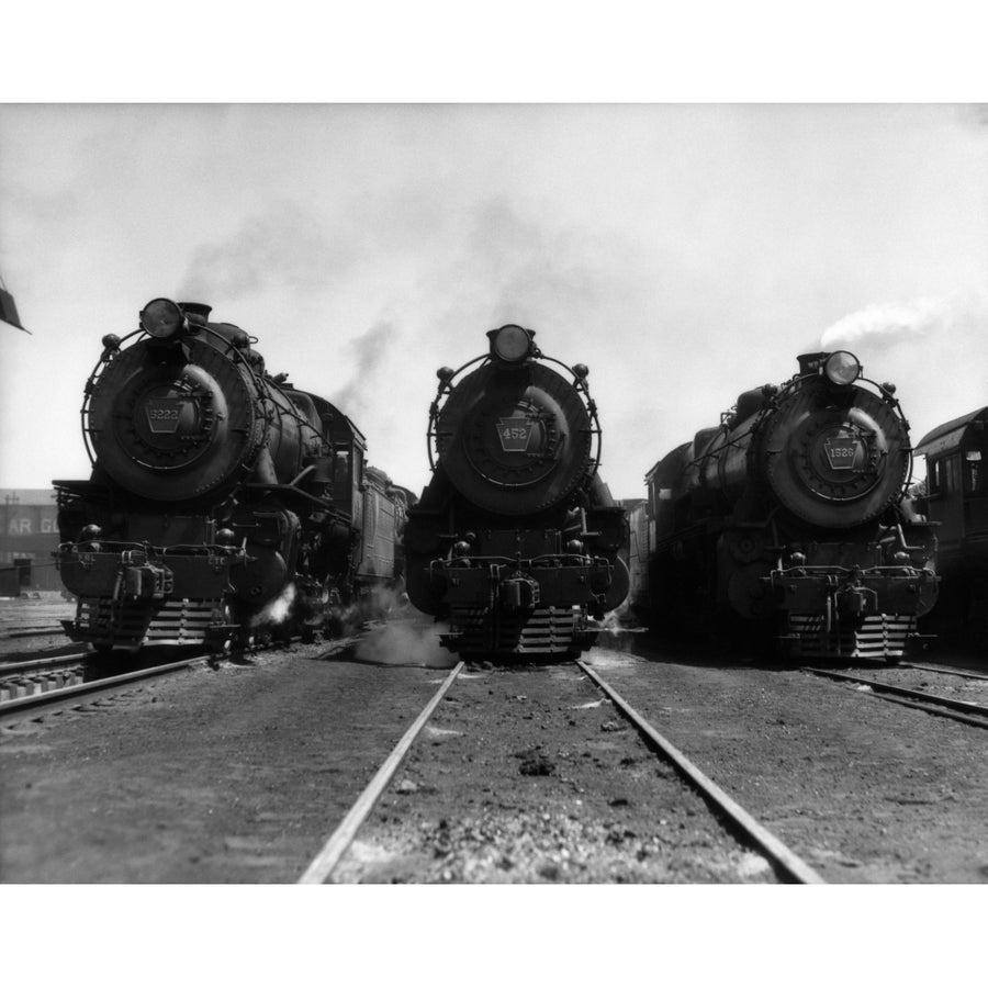 1930s Head-On Shot Of Three Steam Engine Train Locomotives On Tracks Poster Print By Vintage Collection Image 1