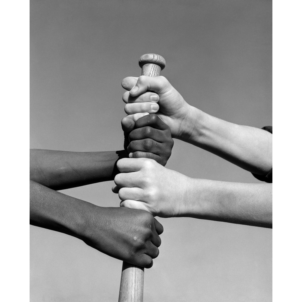 1960s African American And Caucasian Boys Hands Gripping Baseball Bat Choosing Sides Print By Vintage Collection Image 1