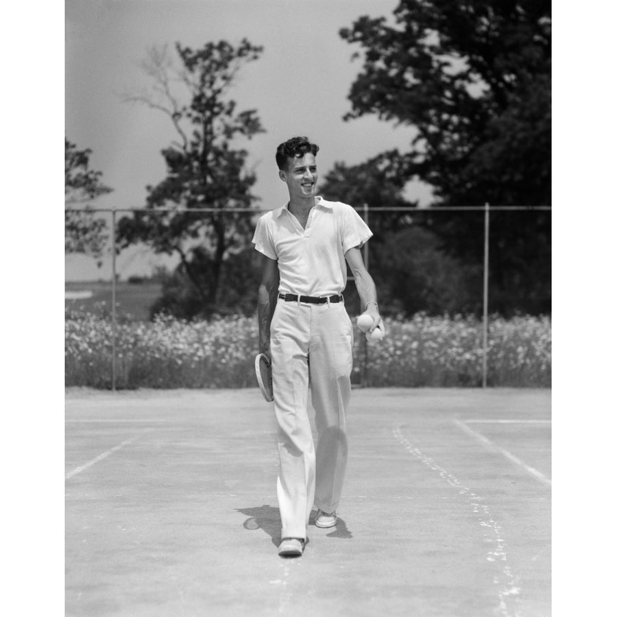 1930s Man Walking Across Tennis Court Holding Tennis Racket and Balls Poster Print By Vintage Collection Image 1