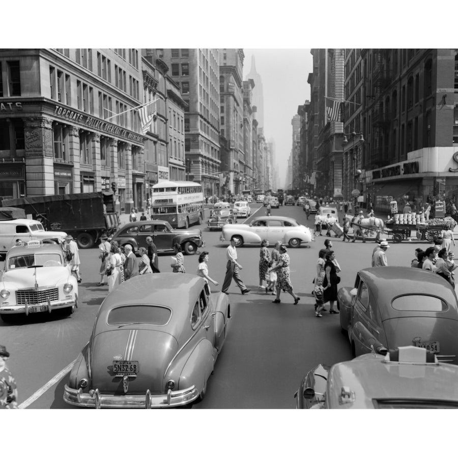 1940s-1950s Street Scene Crowds Traffic Intersection Fifth Avenue and 14 Street Manhattan Ny York City Print By Image 1