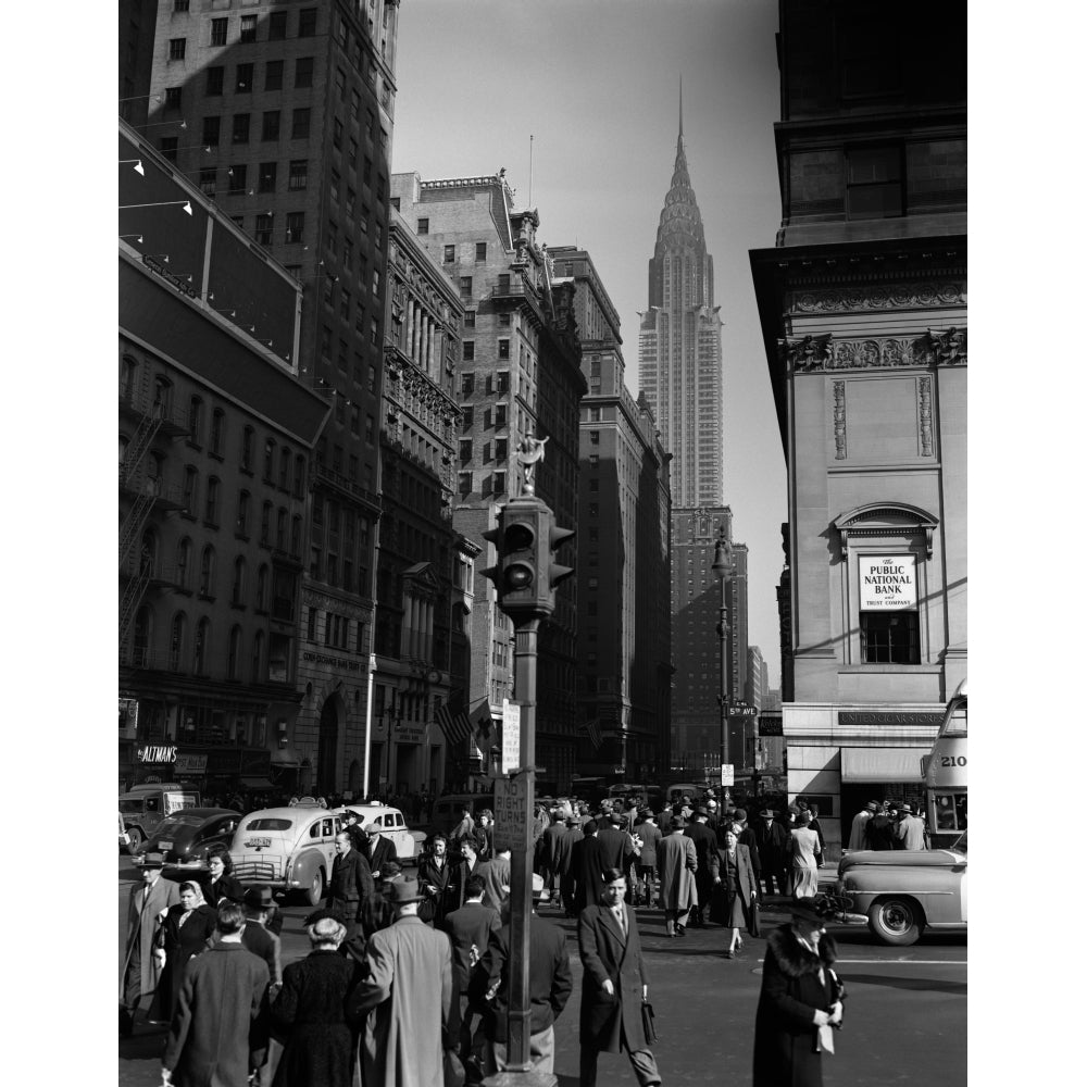 1940s Pedestrian Crowd Taxis Crossing Intersection 42Nd Street and 5Th Avenue Stop Lights Chrysler Building Nyc Usa Image 1