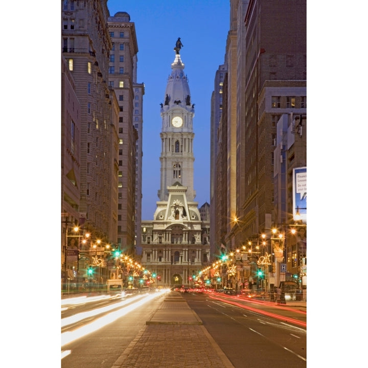 William Penn statue on the top of City Hall at dusk and streaked car lights from Broad Street Philadelphia Image 1