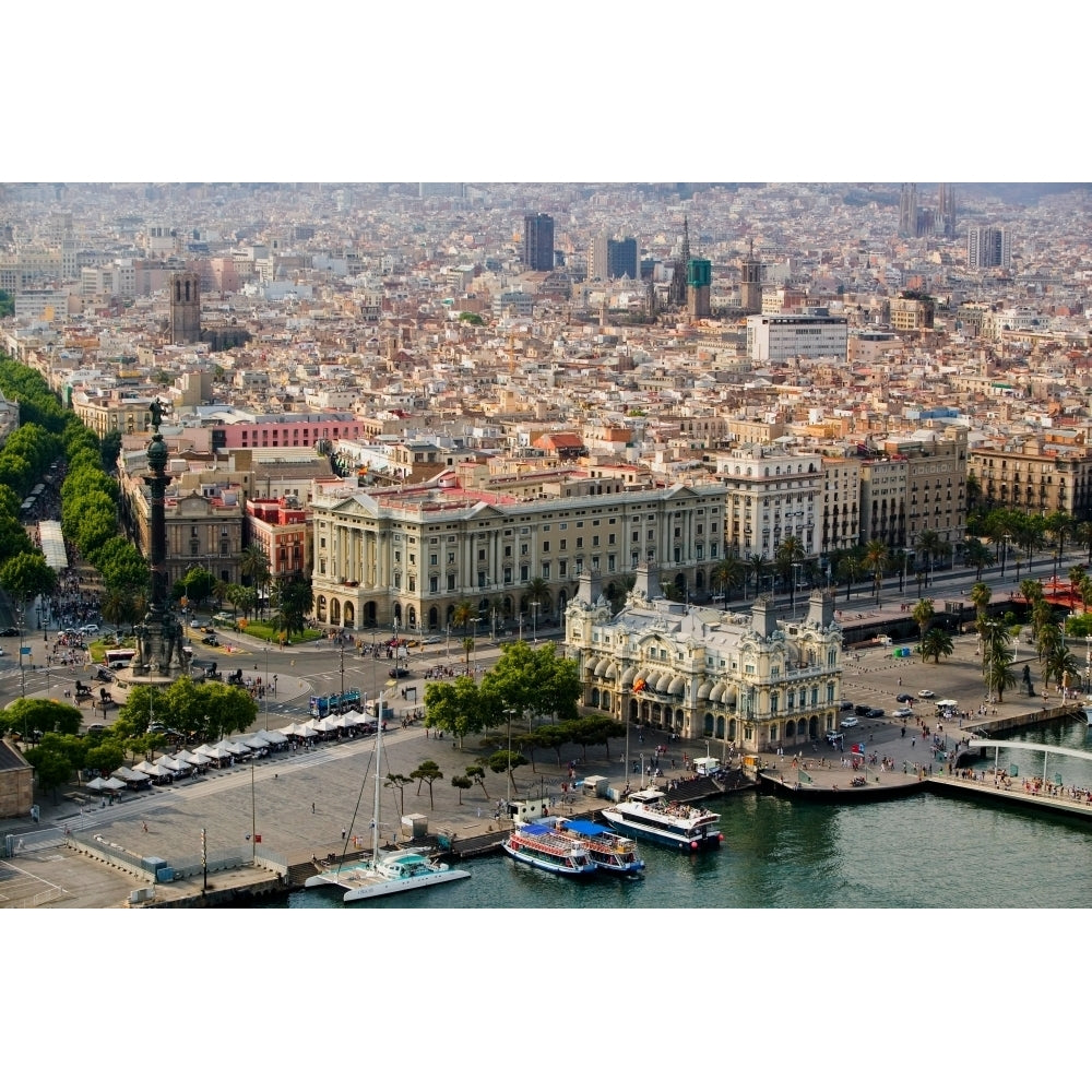 Aerial view of La Rambla near the waterfront with Columbus statue in Barcelona Spain Print by Panoramic Images Image 1