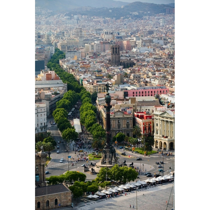 Aerial view of La Rambla near the waterfront with Columbus statue in Barcelona Spain Print by Panoramic Images Image 1