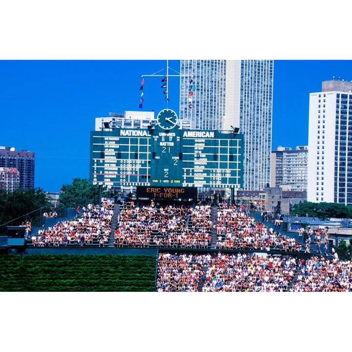 Long view of scoreboard and full bleachers during a professional baseball game Wrigley Field Illinois Print by Image 2