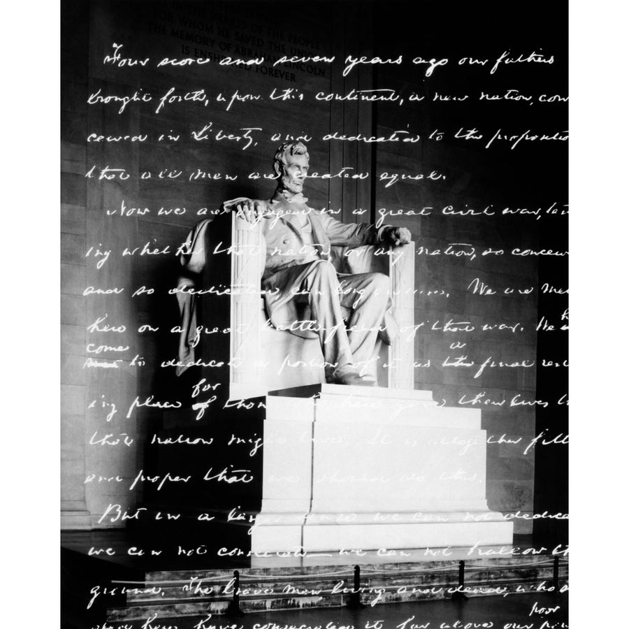 Handwritten Gettysburg Address Superimposed Over Statue At Lincoln Memorial Poster Print By Vintage Collection Image 1