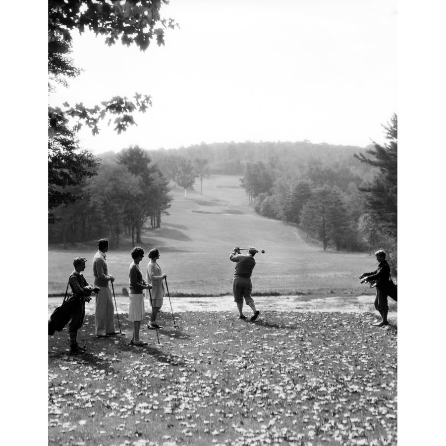 1920s-1930s Group Of Golfers Teeing Off 2 Men 2 Women And 2 Caddies At The Country Club Pittsfield Berkshires Ma Print Image 1