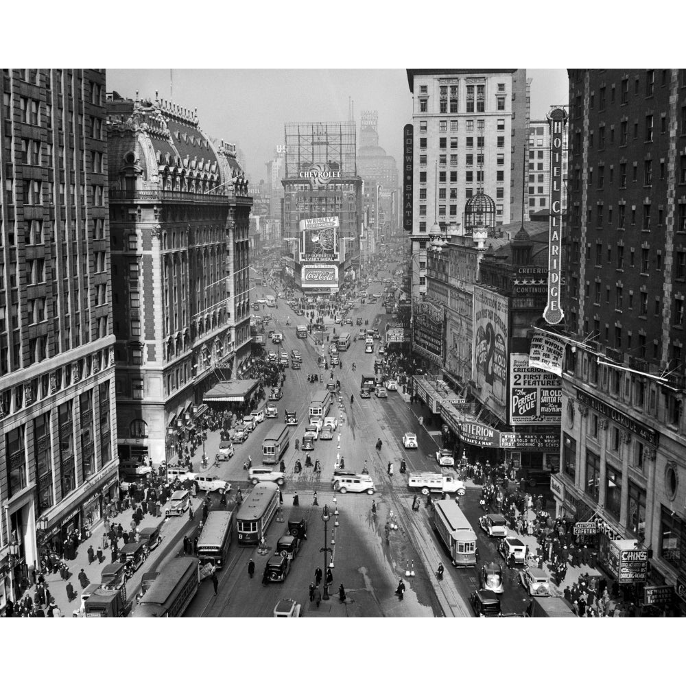 1930s-1935 Times Square Looking North From Times Tower Midtown Manhattan Pedestrians Traffic Cars Trolleys Buildings Image 1