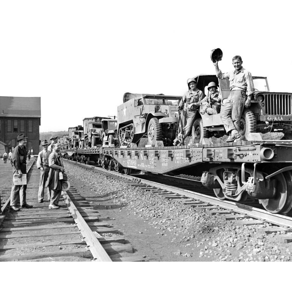 1940s World War Ii Freight Train Of Jeeps And Half Tracks On Way To The Front Factory Workers Bid Farewell To Soldiers Image 1