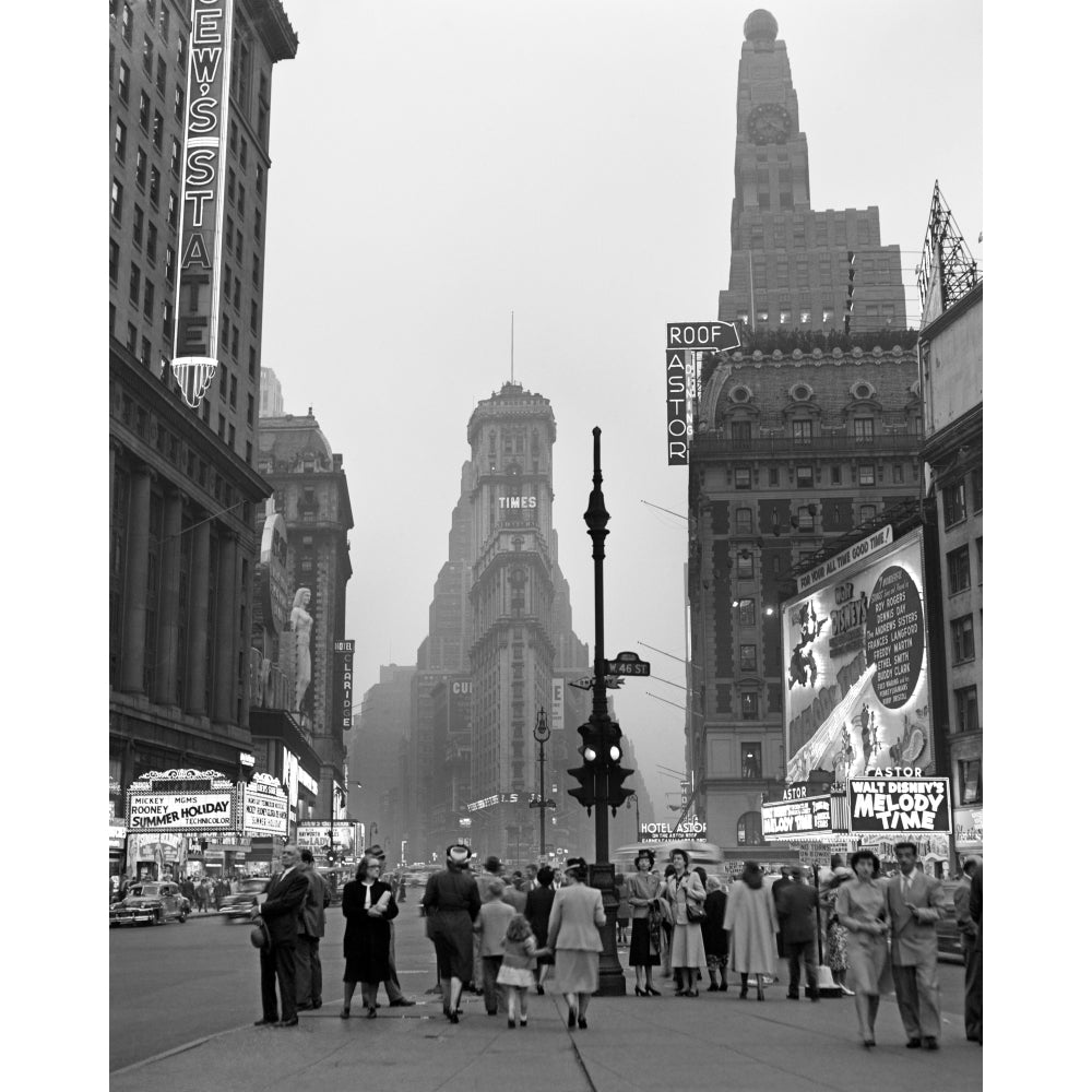 1940s Times Square At Twilight Night Looking South From Duffy Square Towards Ny Times Building Pedestrians Neon Movie Image 1