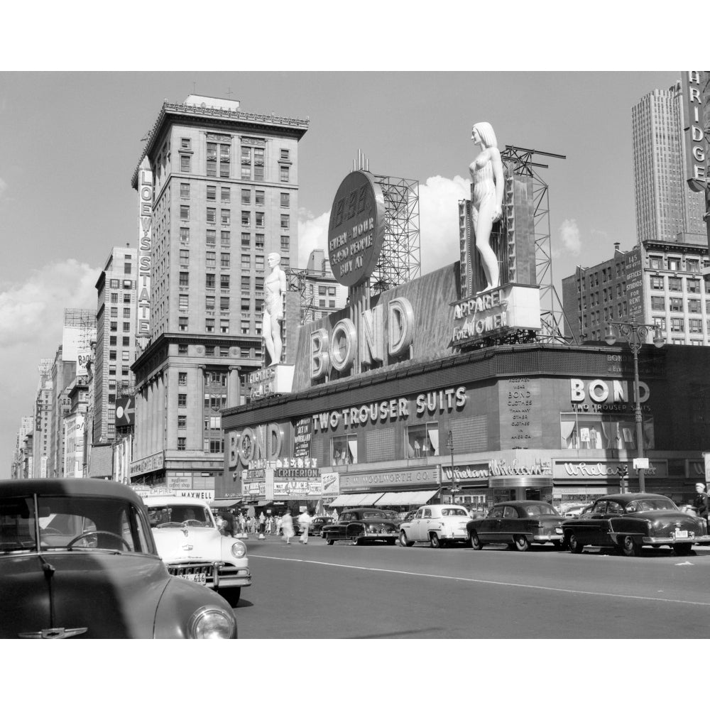 1950s York City Times Square With Massive Bond Clothing Sign Between 44Th And 45Th Streets Print By Vintage Image 1