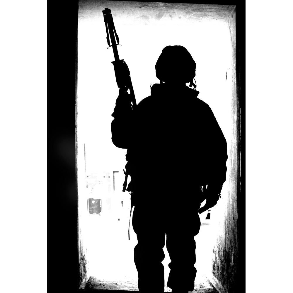 Silhouette of a British soldier in a doorway at Camp Condor Iraq Poster Print Image 2