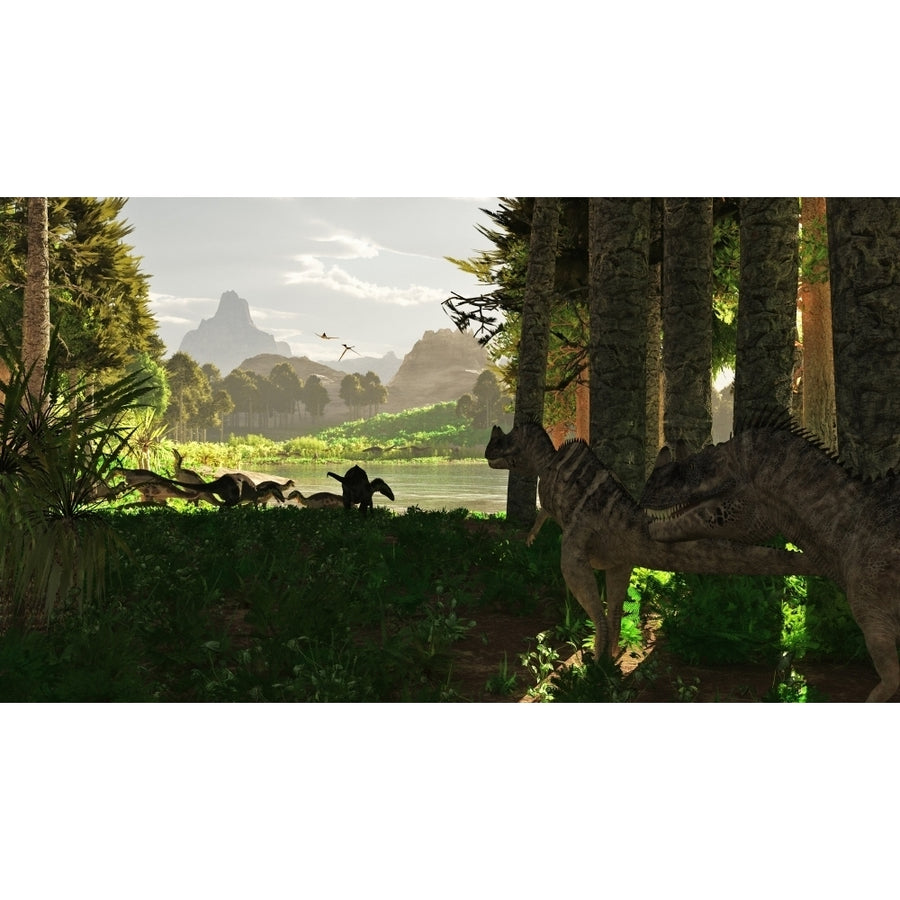 Ceratosaurus dinosaurs stalk a herd of Camptosaurus eating plants Poster Print Image 1