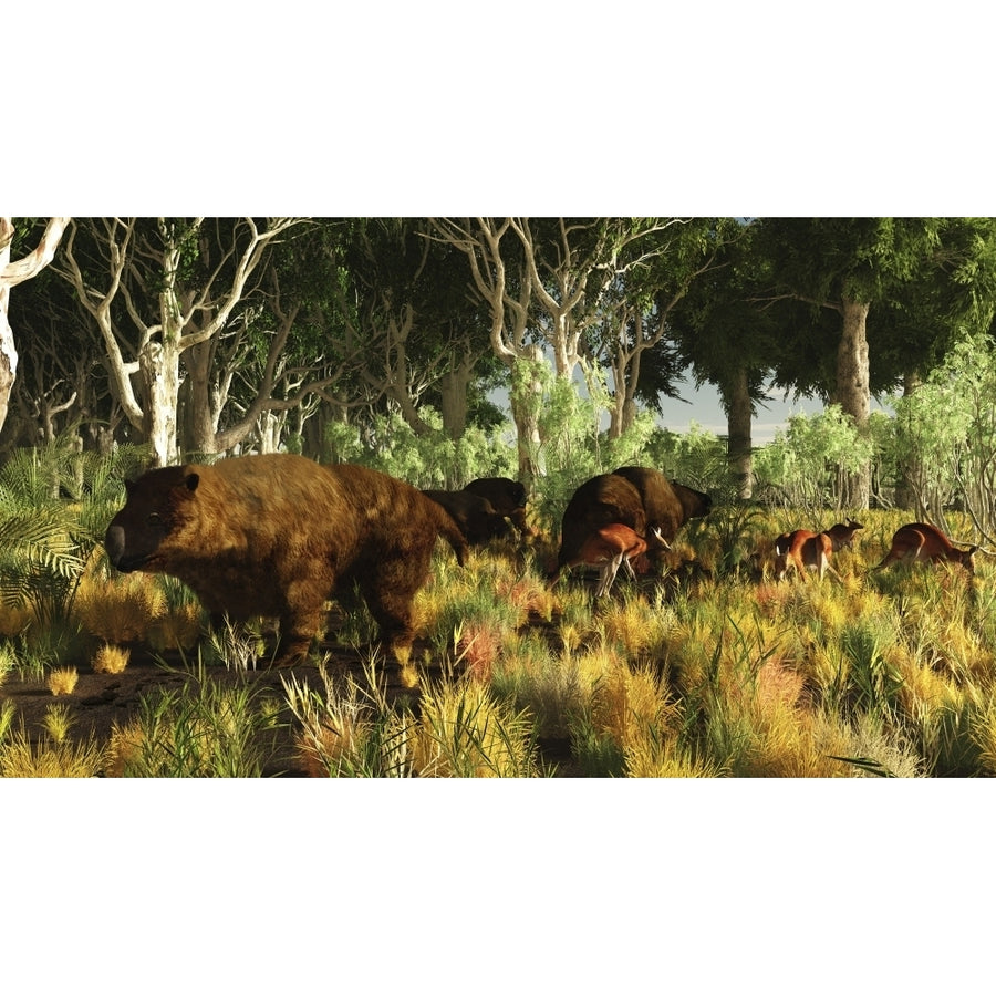 Diprotodon on the edge of a Eucalyptus forest with some early kangaroos Poster Print Image 1