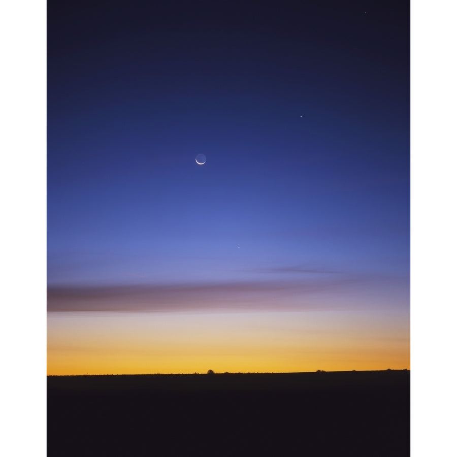 Pre-dawn sky with waning crescent moon Jupiter at top and Mercury at lower center Poster Print Image 1