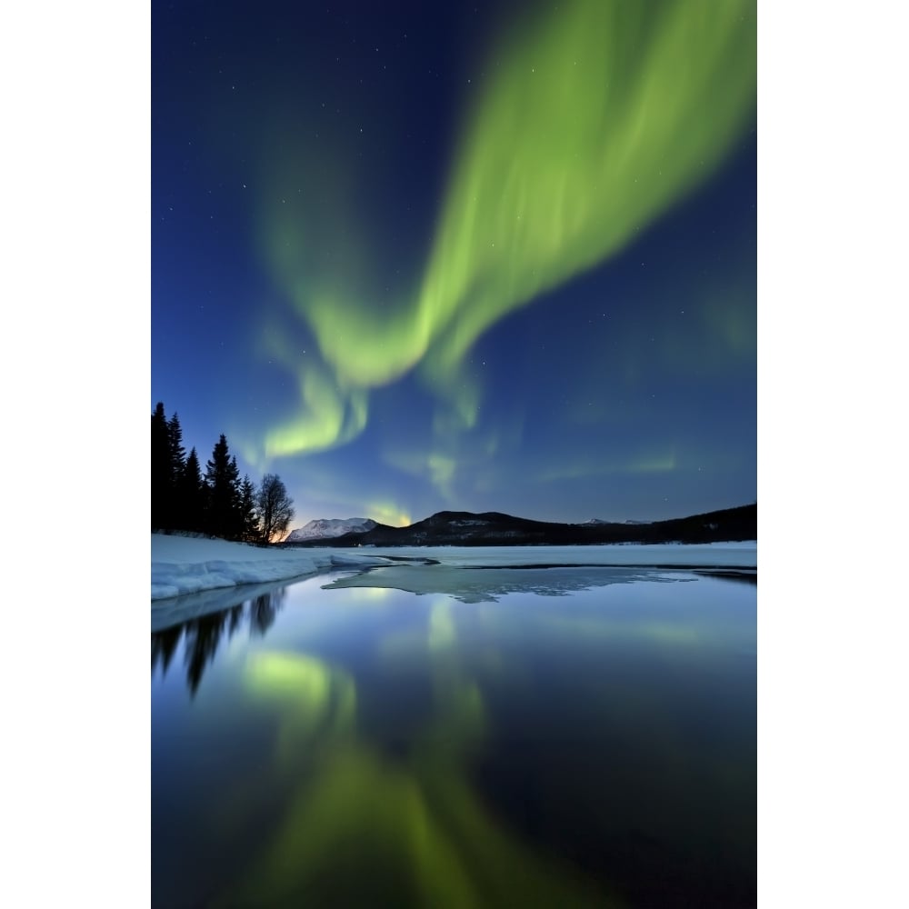 Aurora Borealis over Sandvannet Lake in Troms County Norway Poster Print Image 1