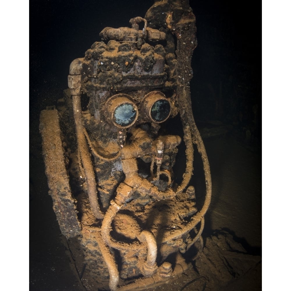 Air compressor inside the machine shop on the Fujikawa Maru shipwreck Micronesia Poster Print by Brandi Mueller/Stocktr Image 1