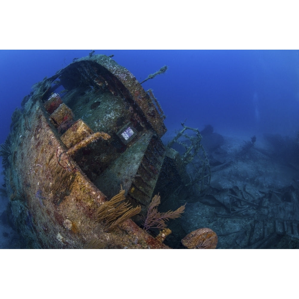 A sunken ship lays on its side near Grand Bahama Island Bahamas Poster Print by Brook Peterson/Stocktrek Images Image 1