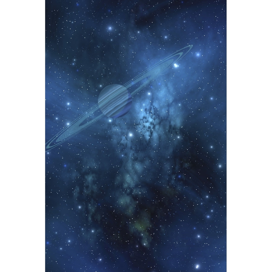 A ringed planet orbits near a beautiful nebula in space Poster Print Image 1