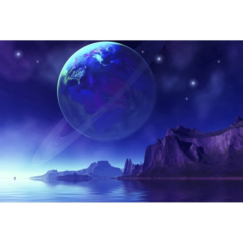 Cosmic seascape on another world with a ringed planet in the night sky Poster Print Image 1