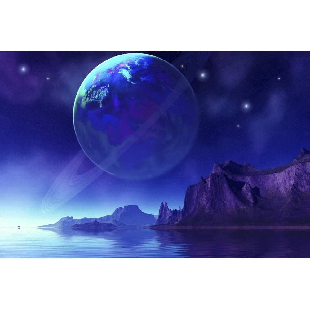 Cosmic seascape on another world with a ringed planet in the night sky Poster Print Image 2