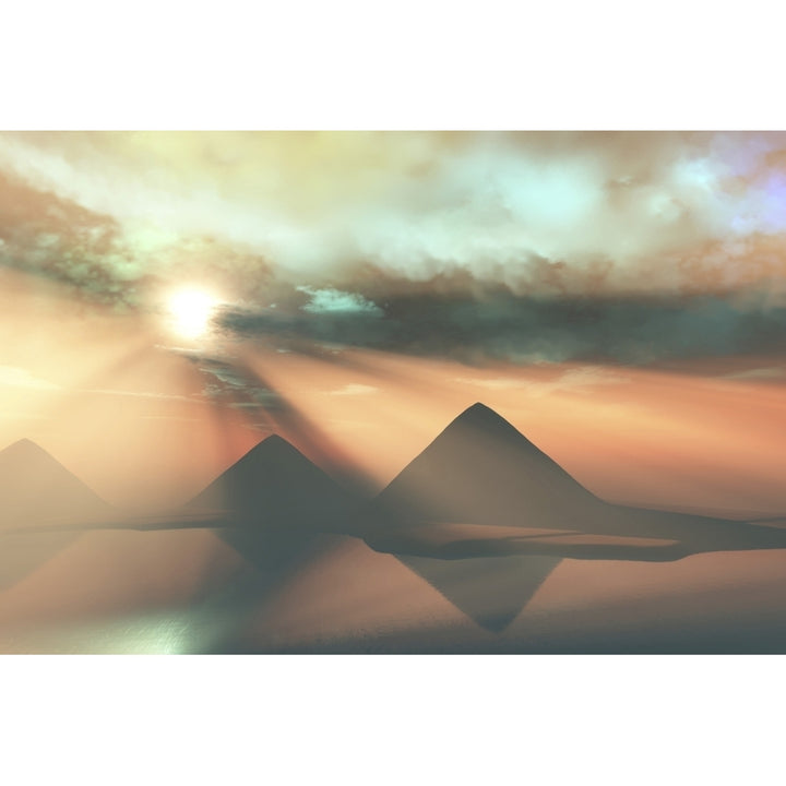 Sunrays shine down on three pyramids along the Nile River on the Giza Plateau Poster Print Image 2