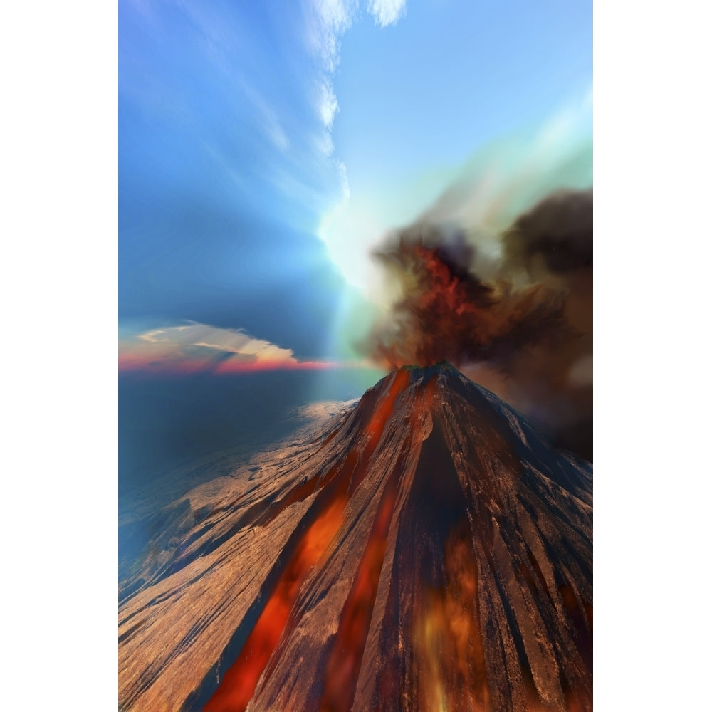 A volcano comes to life with smoke and lava Poster Print Image 1