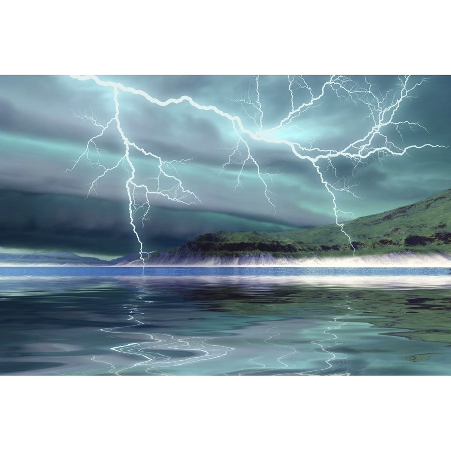 Thunderclouds and lightning move over the mountains and a nearby lake Poster Print Image 1