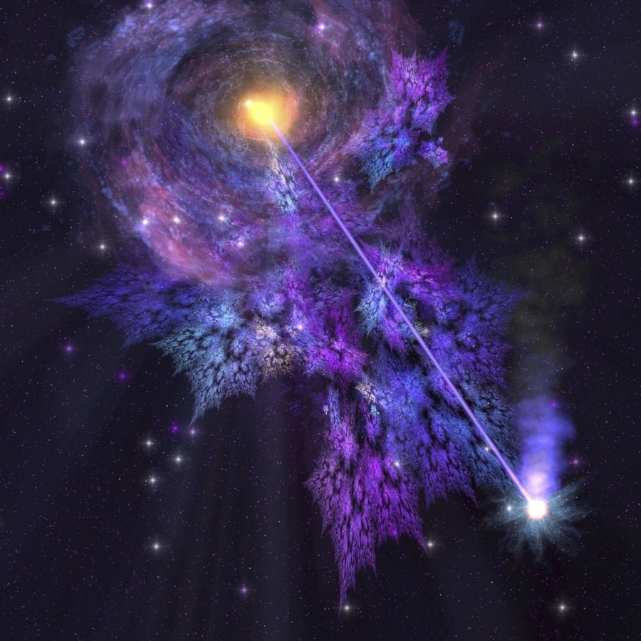 A shooting star radiates out from a black hole in the center of a galaxy Poster Print Image 1