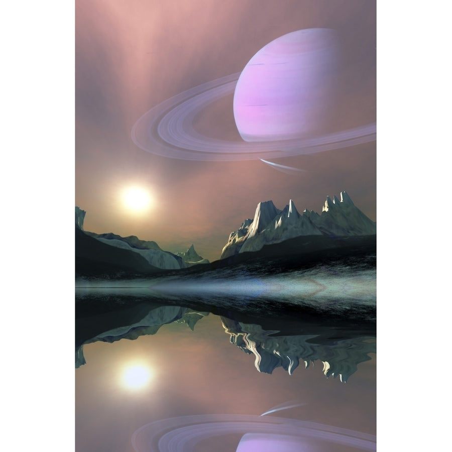 The planet Saturn lights up the sky of one of its moons called Titan Poster Print Image 1