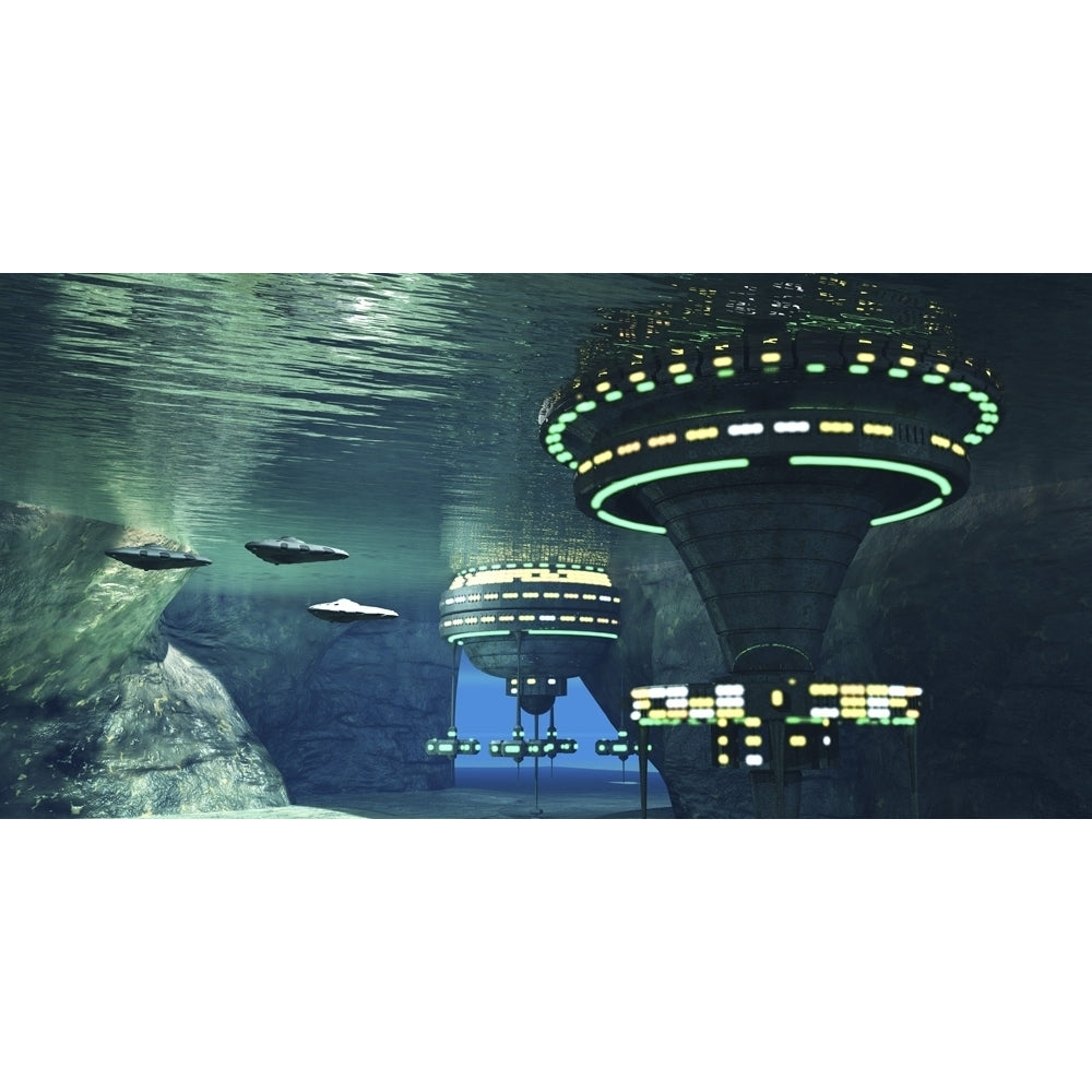 Several spaceships leave an underwater alien city. Poster Print by Corey Ford/Stocktrek Images Image 1