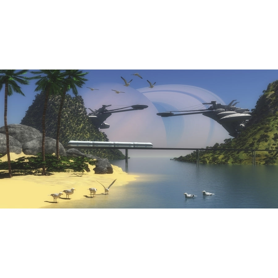 A futuristic tropical paradise colony on Enceladus one of Saturns moons Poster Print Image 1