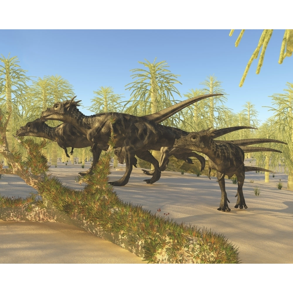 A herd of Dracorex dinosaurs walk through a carboniferous forest Poster Print Image 1