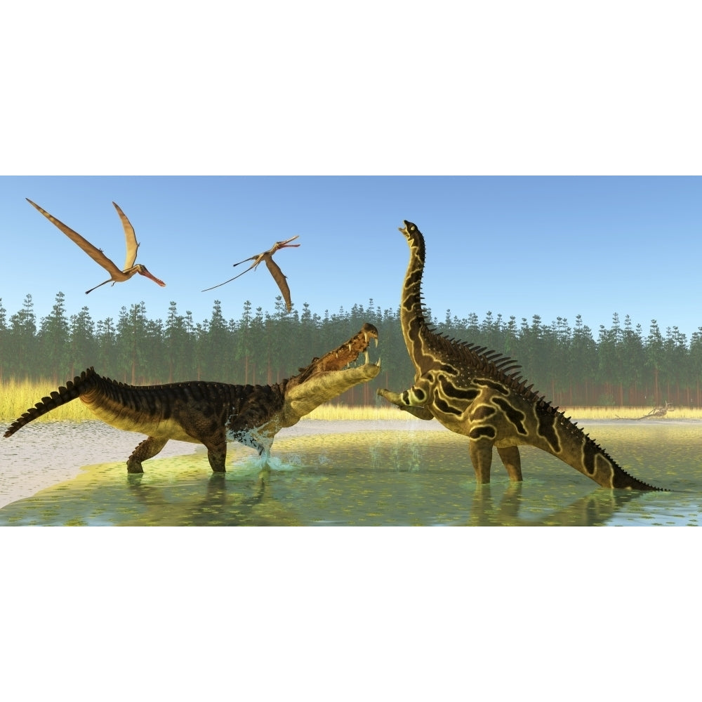 A Kaprosuchus reptile confronts an Agustinia dinosaur Poster Print Image 1