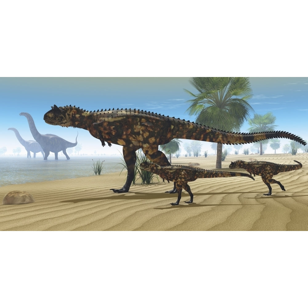 A Carnotaurus mother brings her offspring down to a river to drink Poster Print Image 1