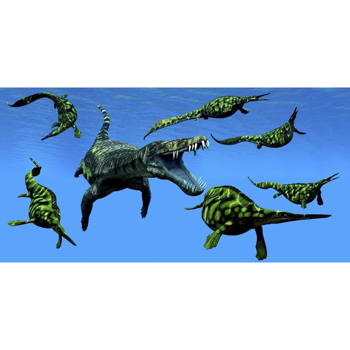 A Nothosaurus marine reptile attacks a pod of Hupehsuchus dinosaurs. Poster Print by Corey Ford/Stocktrek Images Image 1