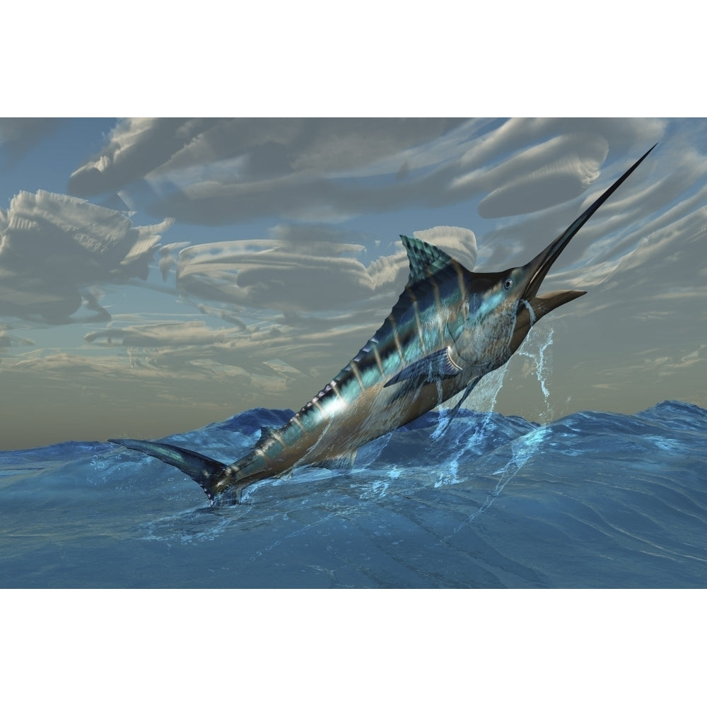 An iridescent Blue Marlin bursts from ocean waters Poster Print Image 2