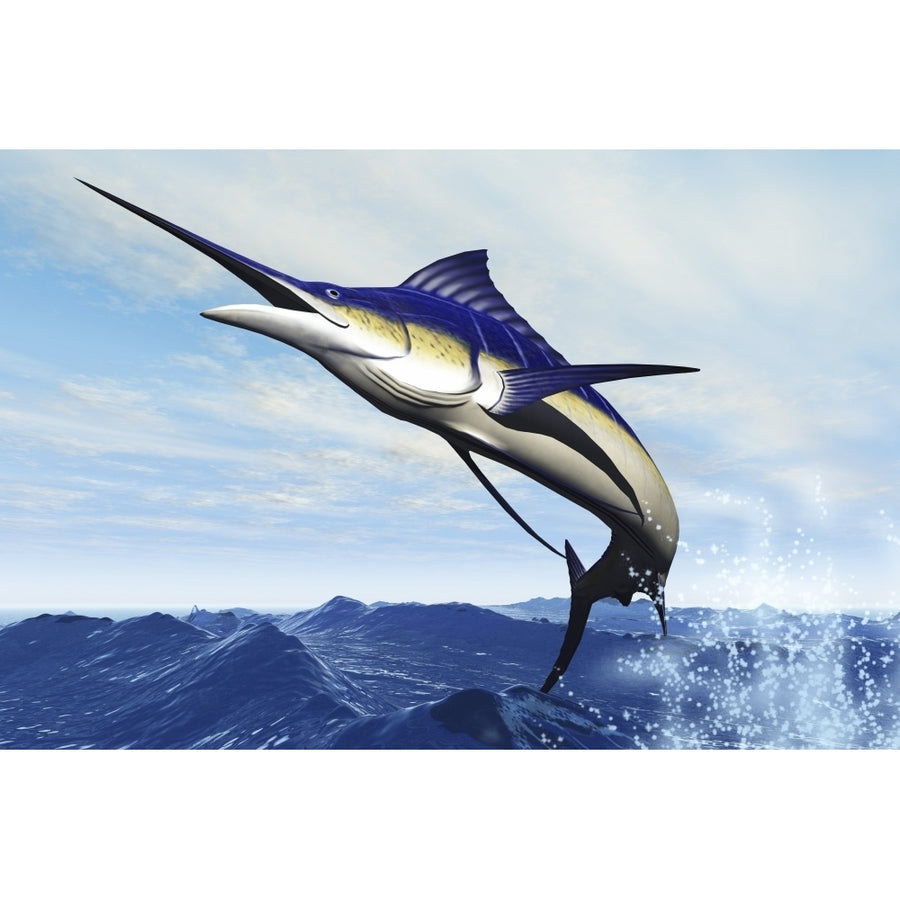 A sleek blue marlin bursts from the ocean surface in a grand leap Poster Print Image 1