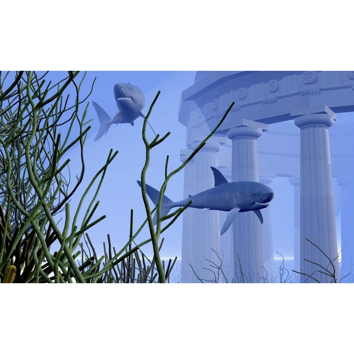 Two Mako sharks swim by an underwater greek temple Poster Print Image 1