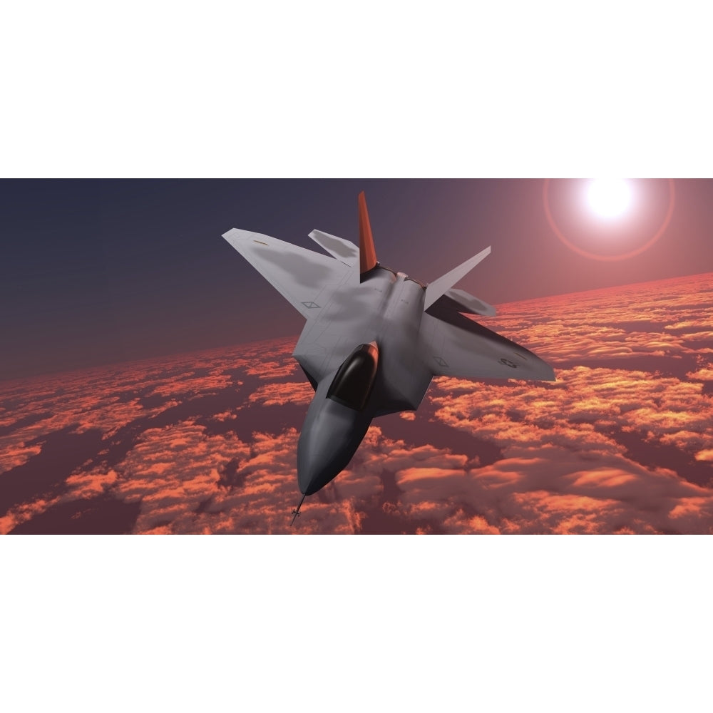 An F-22 fighter jet flies at an altitude above the cloud layer on its mission Poster Print Image 1