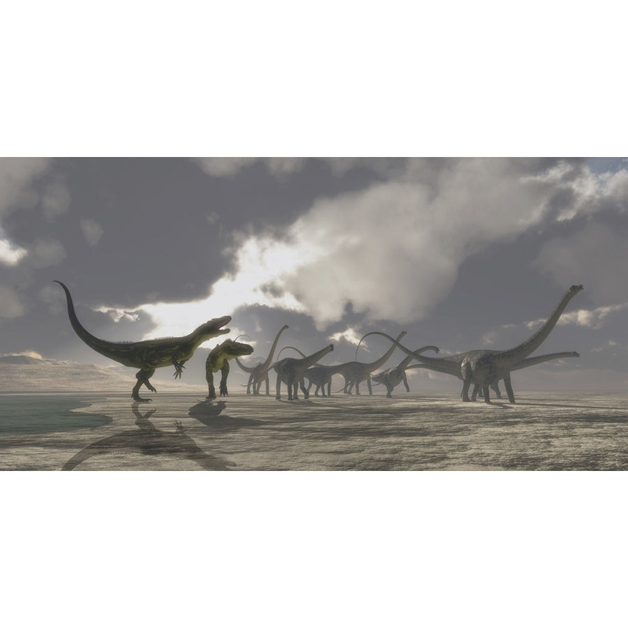 A herd of Diplodocus dinosaurs is chased away from their watering hole. Poster Print by Corey Ford/Stocktrek Images Image 1