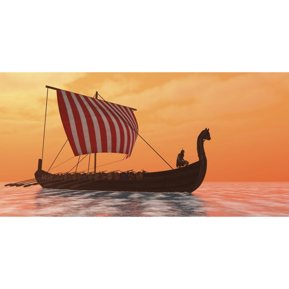 A Viking longboat sails through calm ocean waters Poster Print Image 2