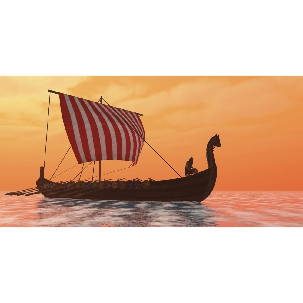 A Viking longboat sails through calm ocean waters Poster Print Image 1