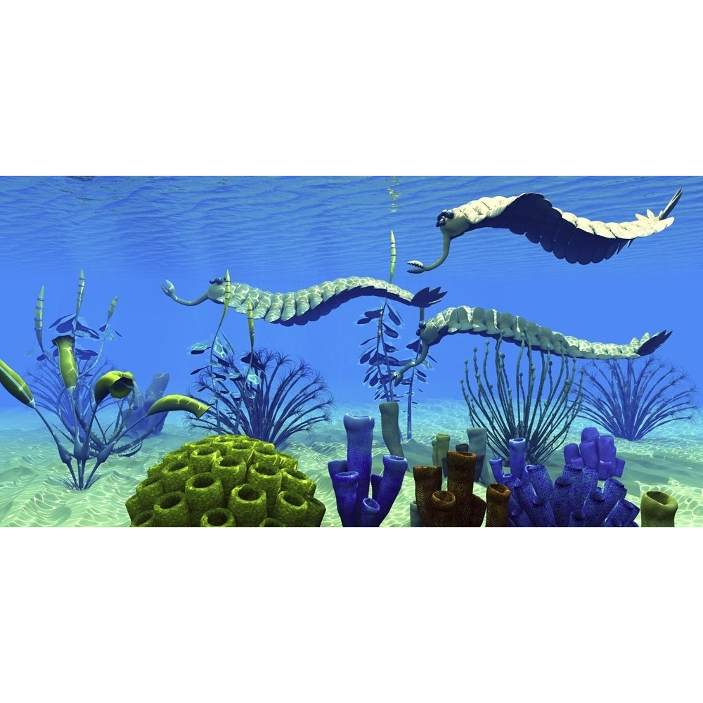 Three Opabinia regalis animals hunting for prey on a reef. Poster Print by Corey Ford/Stocktrek Images Image 1