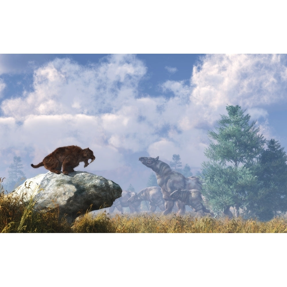 A Eusmilus watches a herd of Paraceratherium Poster Print Image 2